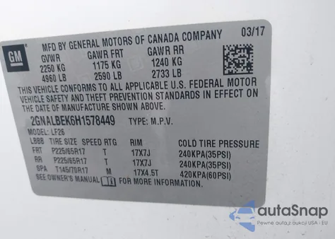 2017 Chevrolet Equinox Ls z USA, uszkodzony, nr VIN 2GNALBEK6H1578449
